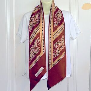 Vtg mid century Rossini paisley amber, gold, black & white long polyester scarf‎